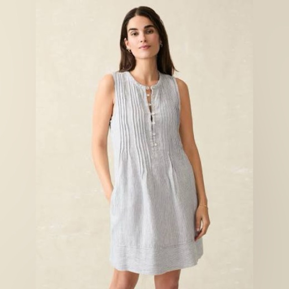 Faherty Isha Linen Dress Blue Mini Stripe